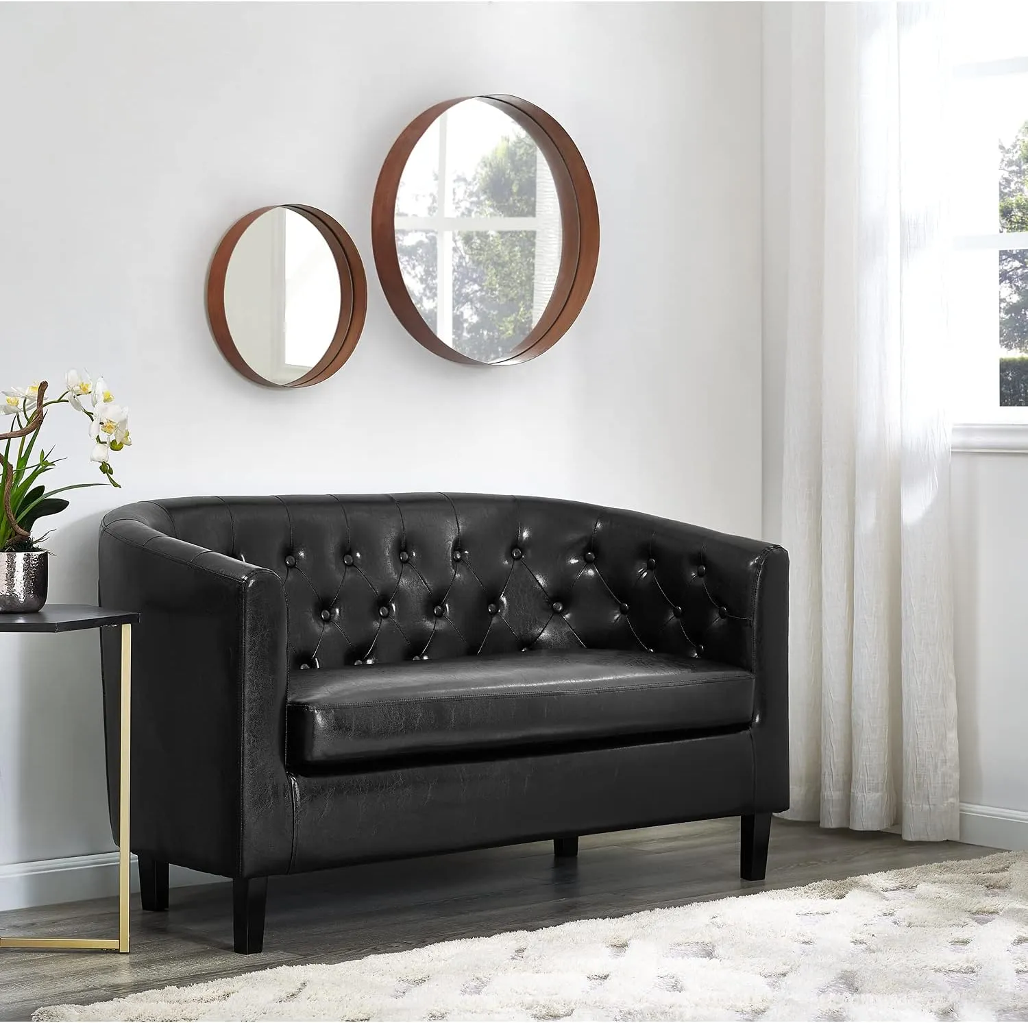 Naomi Home Barrel Love Seat, Button Tufted Faux Leather Loveseat Sofas, Faux Leather couches, Small Loveseats for Small Spaces, Bedrooms, Love Seat Couches for Living Room - Espresso