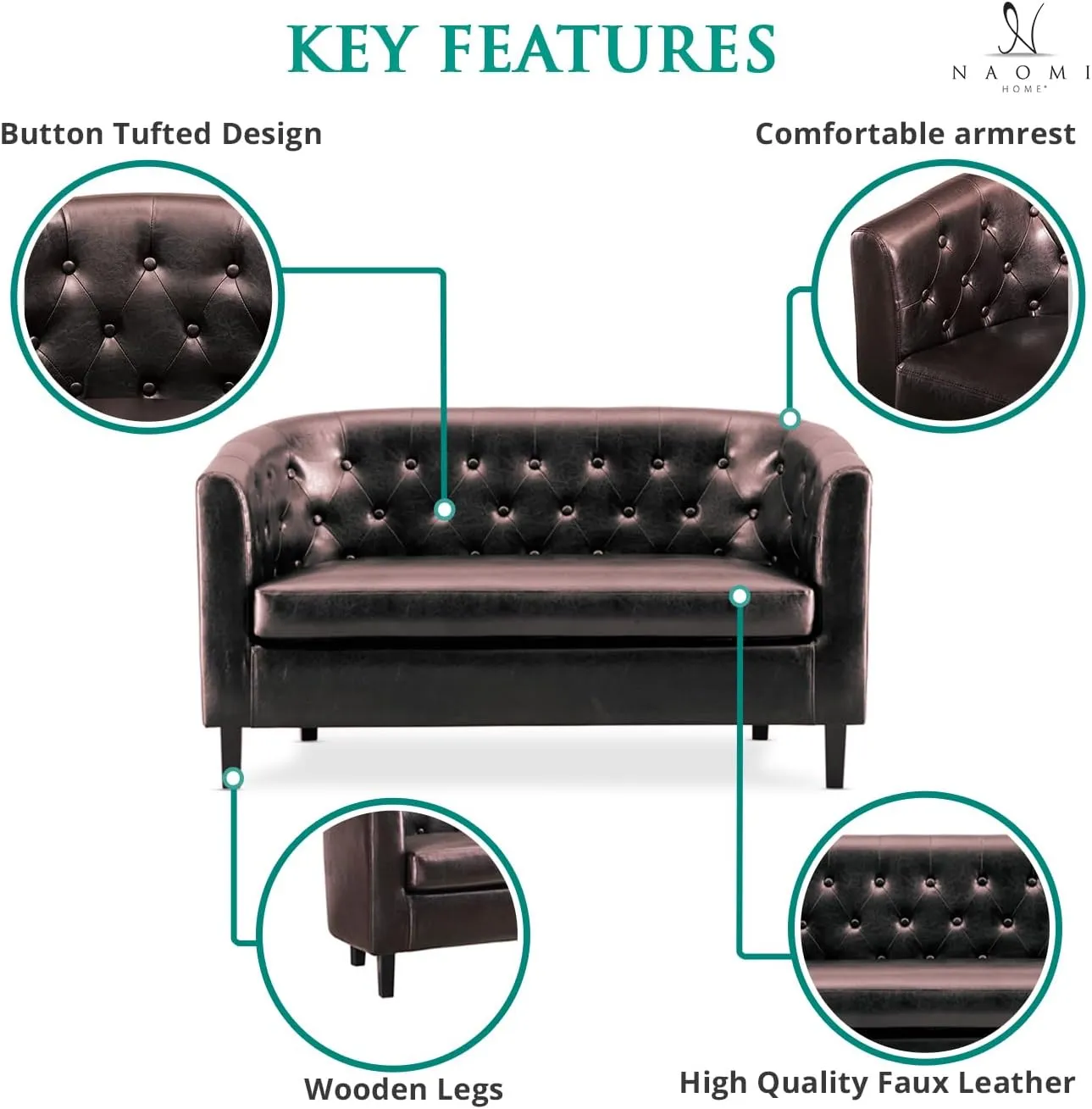 Naomi Home Barrel Love Seat, Button Tufted Faux Leather Loveseat Sofas, Faux Leather couches, Small Loveseats for Small Spaces, Bedrooms, Love Seat Couches for Living Room - Espresso