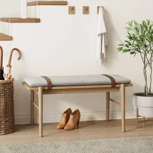 Nathan James Gugan Mid-Century Wooden Bench Seat, End of Bed Bench with Removable Fabric Cushion for Indoor Dining Room, Bedroom and Entryway, Light Brown/Ivory
