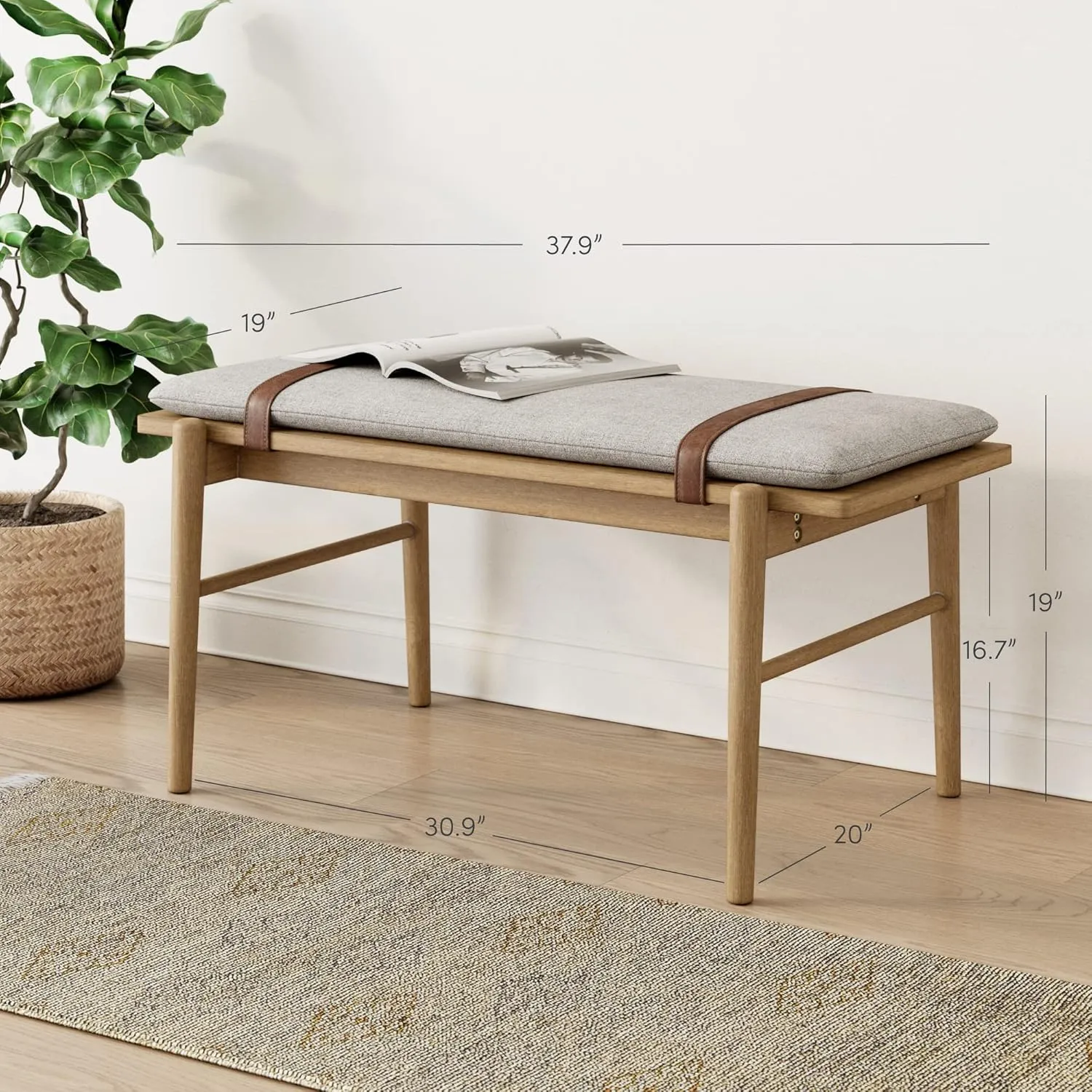 Nathan James Gugan Mid-Century Wooden Bench Seat, End of Bed Bench with Removable Fabric Cushion for Indoor Dining Room, Bedroom and Entryway, Light Brown/Ivory
