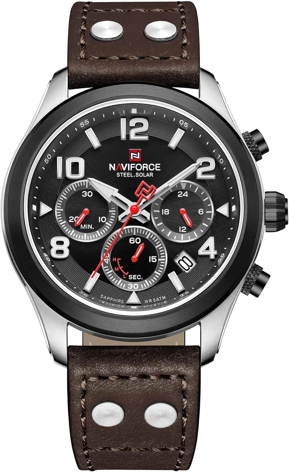 NAVIFORCE Mens Solar Powered Sports Chronograph Watch Military Tactical 12/24 Hour Time Luminous Hands Leather Strap Wristwatch 5ATM Waterproof