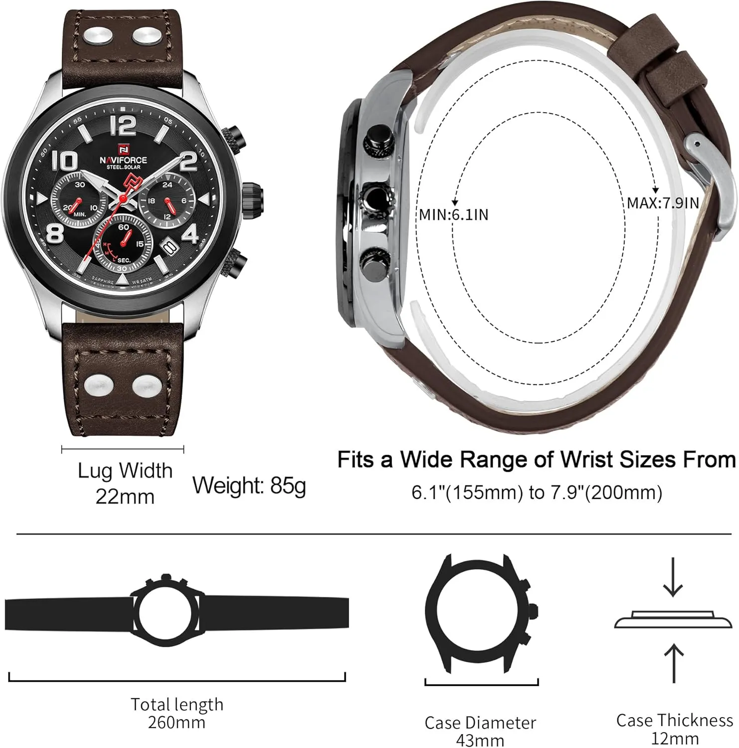 NAVIFORCE Mens Solar Powered Sports Chronograph Watch Military Tactical 12/24 Hour Time Luminous Hands Leather Strap Wristwatch 5ATM Waterproof