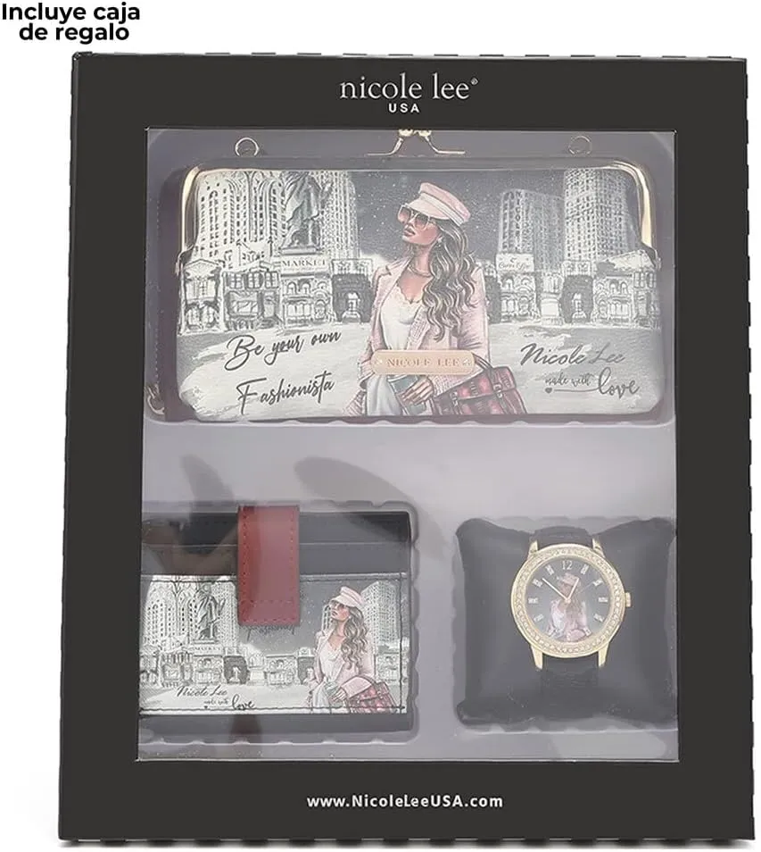 NICOLE LEE 3 Pieces Accessories Gift Value Set (Wallet Crossbody, Small Card Case, Diamond Fashion Watch)