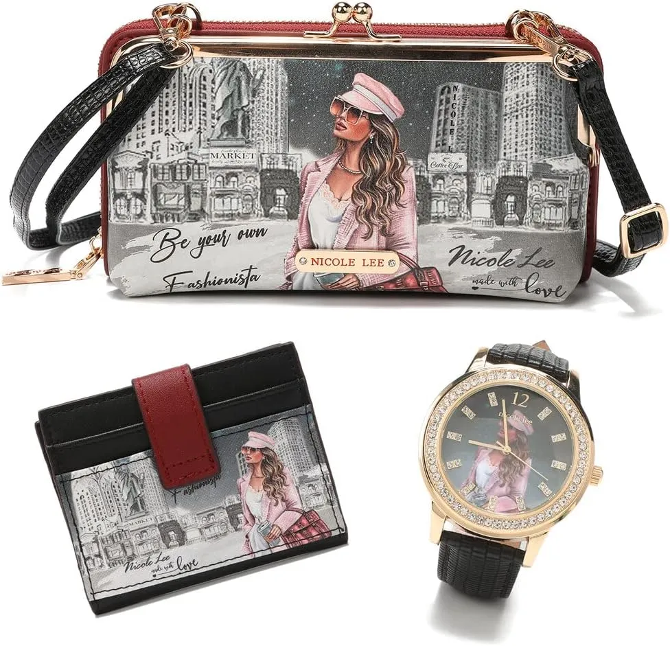 NICOLE LEE 3 Pieces Accessories Gift Value Set (Wallet Crossbody, Small Card Case, Diamond Fashion Watch)