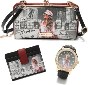 NICOLE LEE 3 Pieces Accessories Gift Value Set (Wallet Crossbody, Small Card Case, Diamond Fashion Watch)
