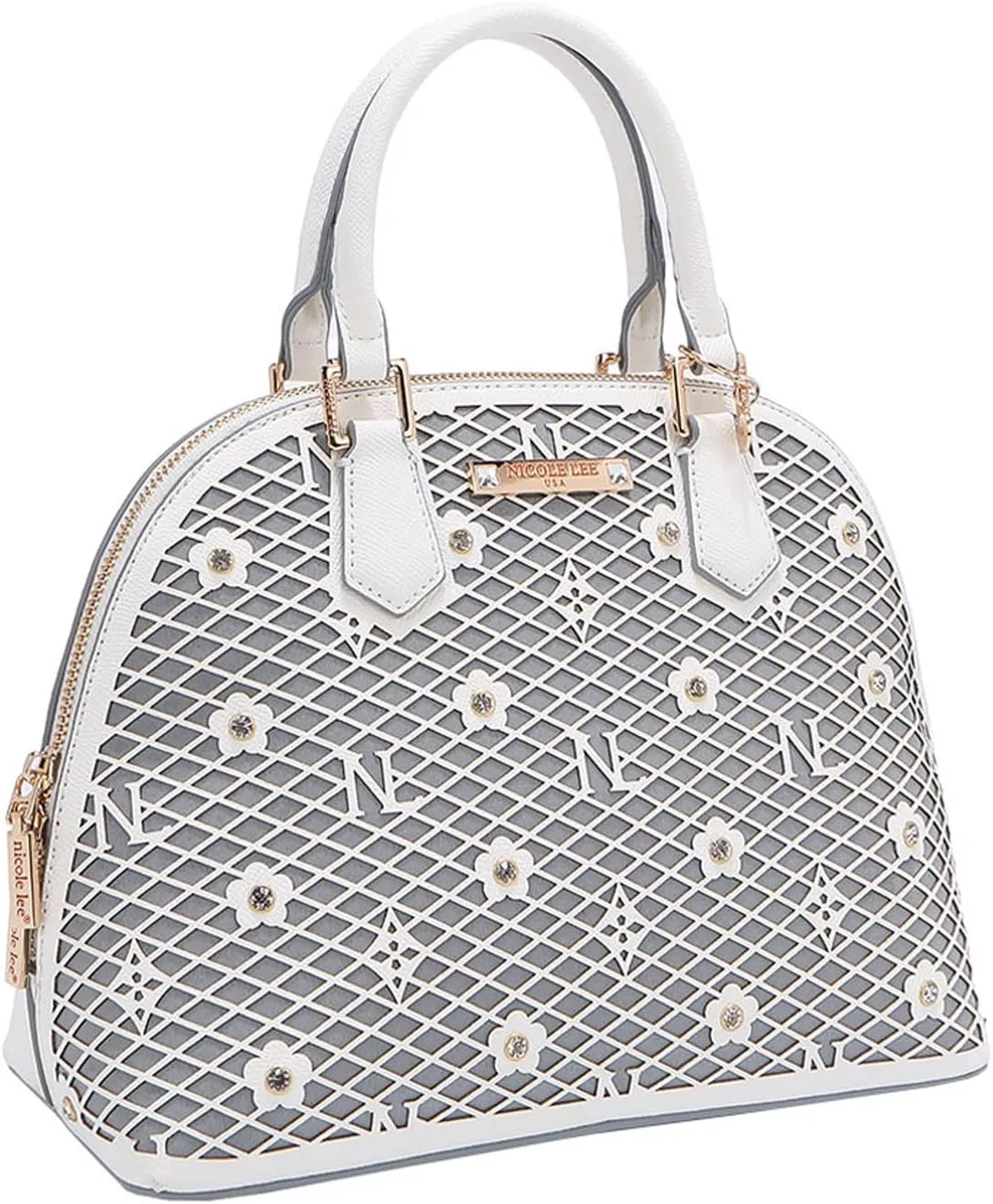 Nicole Lee Dome Satchel, Vegan Leather, Laser-cut Floral Pattern