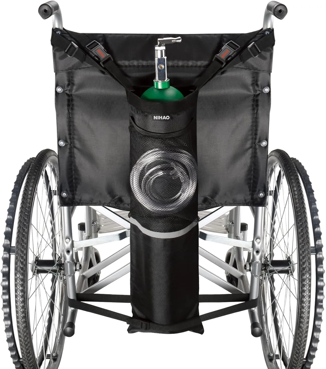 NIHAO Oxygen Tank Holder for Wheelchiars, Oxygen Cylinder Bag with Adjustable Zippers and Mesh Storage Pockets, Portable Wheelchair Attachment for Oxygen Fits Most Oxygen Cylinders, Black