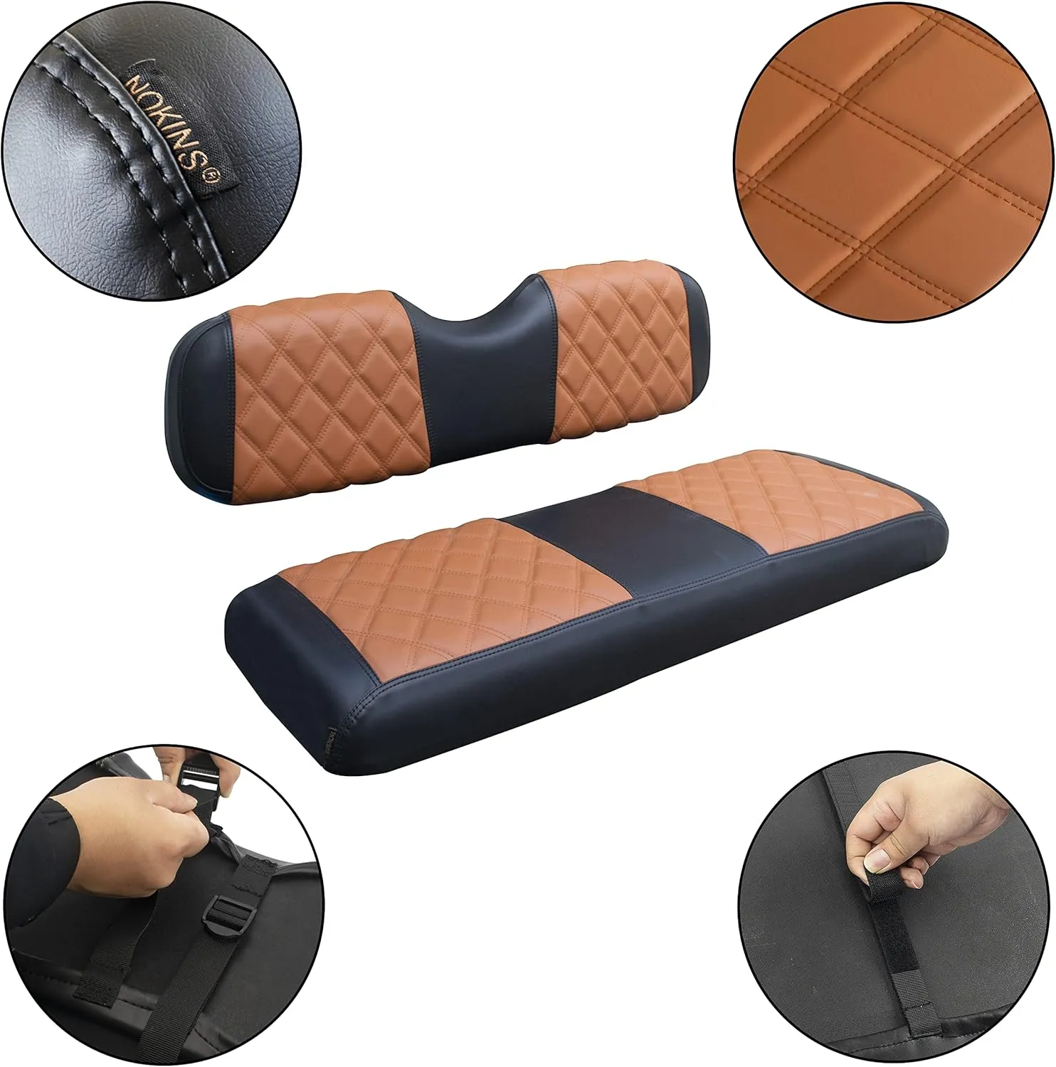 NOKINS Golf Cart Diamond Vinyl Leather Seat Covers, Fit Club Car Precedent DS EZGO RXV TXT Yamaha Drive Aftermarket Regular Rear Seat Cushion, No Stapler, Multiple Colors and Breathable