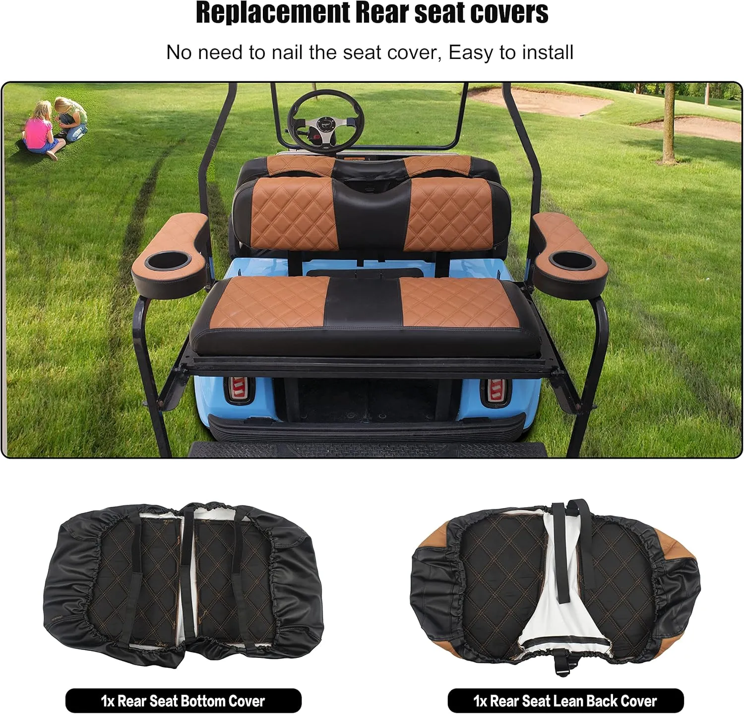 NOKINS Golf Cart Diamond Vinyl Leather Seat Covers, Fit Club Car Precedent DS EZGO RXV TXT Yamaha Drive Aftermarket Regular Rear Seat Cushion, No Stapler, Multiple Colors and Breathable