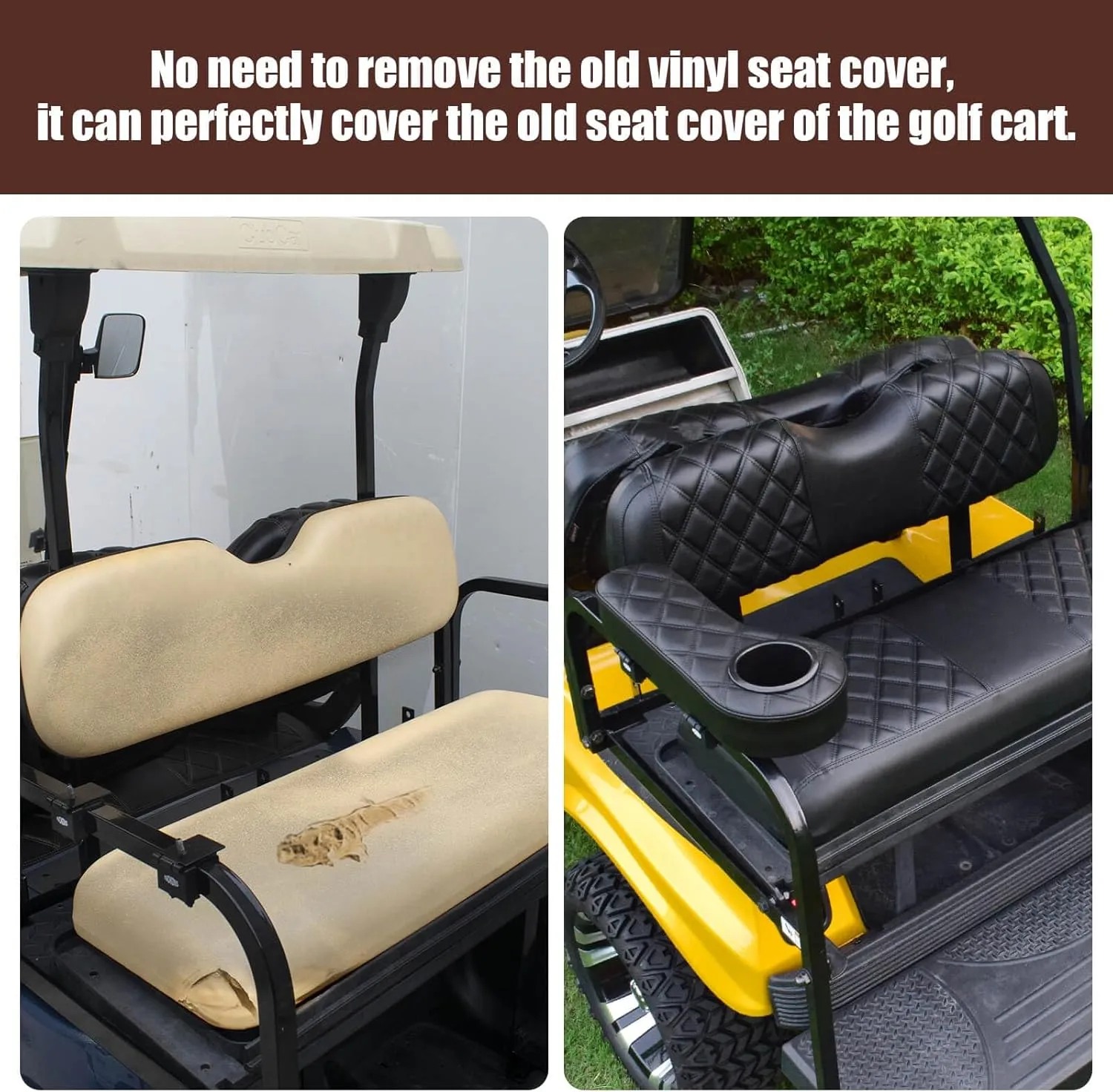NOKINS Golf Cart RS Diamond Seat Cover for Regular Seat Cushion Aftermarket Back Seat Kit, No Staples Required,Golf Cart Vinyl Replacement Seat Cover Black Stitching