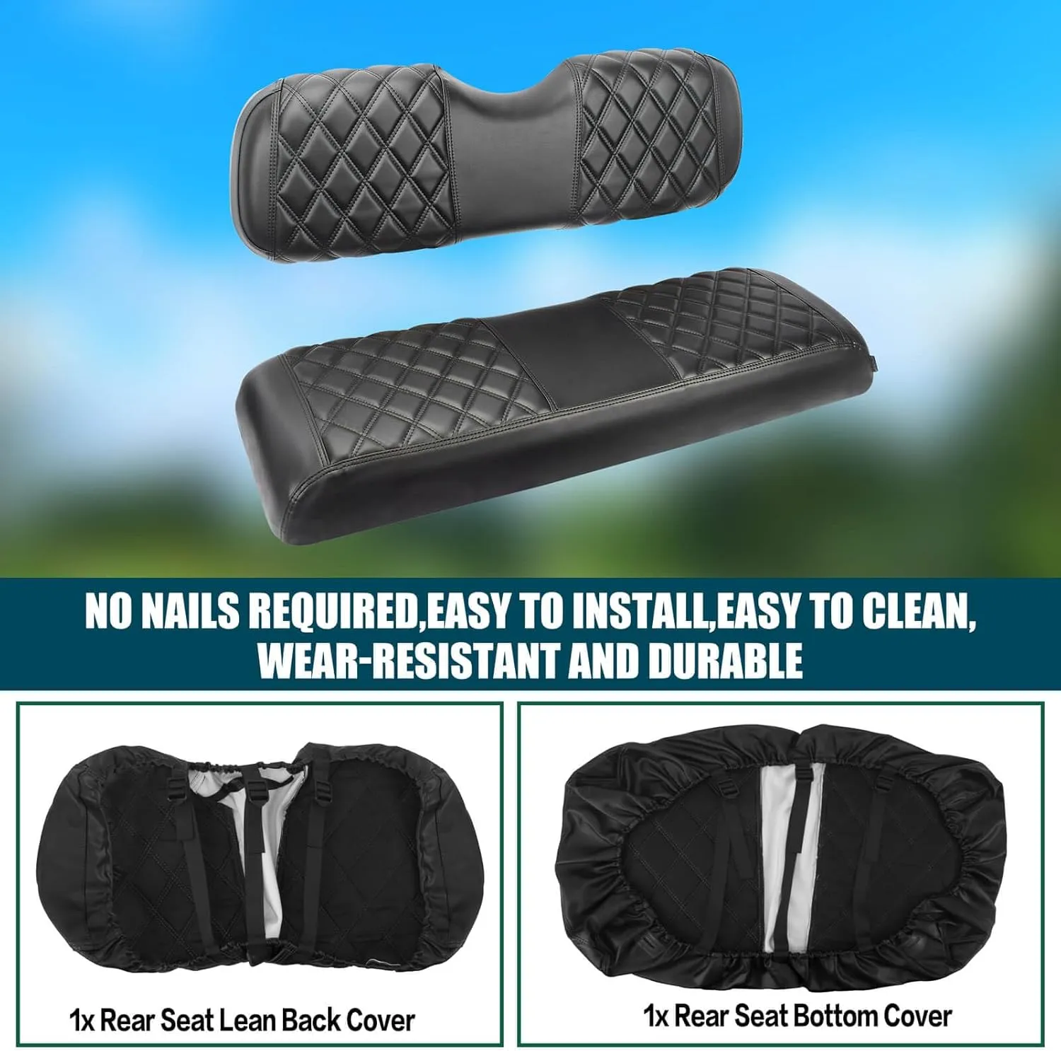 NOKINS Golf Cart RS Diamond Seat Cover for Regular Seat Cushion Aftermarket Back Seat Kit, No Staples Required,Golf Cart Vinyl Replacement Seat Cover Black Stitching