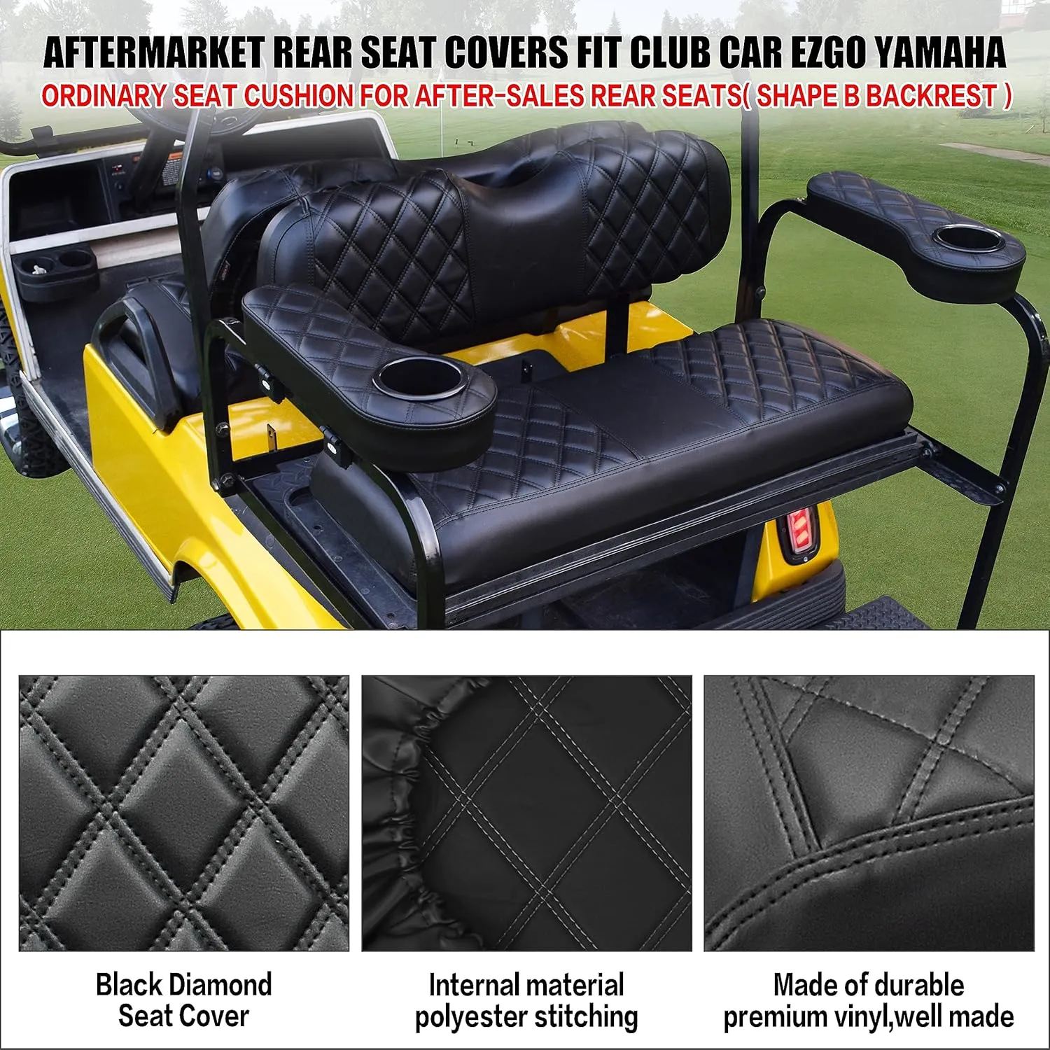 NOKINS Golf Cart RS Diamond Seat Cover for Regular Seat Cushion Aftermarket Back Seat Kit, No Staples Required,Golf Cart Vinyl Replacement Seat Cover Black Stitching