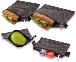 Nordic By Nature 4 Pack - Reusable Sandwich Bags Dishwasher Safe BPA Free - Durable Washable Quick Dry Cloth Baggies -Reusable Snack Bags School Lunches - Easy Open Zipper - (Black Metal)