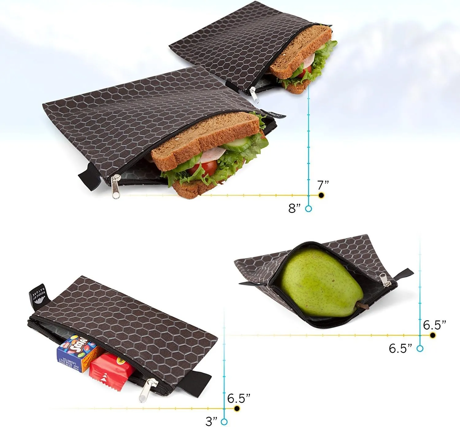 Nordic By Nature 4 Pack - Reusable Sandwich Bags Dishwasher Safe BPA Free - Durable Washable Quick Dry Cloth Baggies -Reusable Snack Bags School Lunches - Easy Open Zipper - (Black Metal)