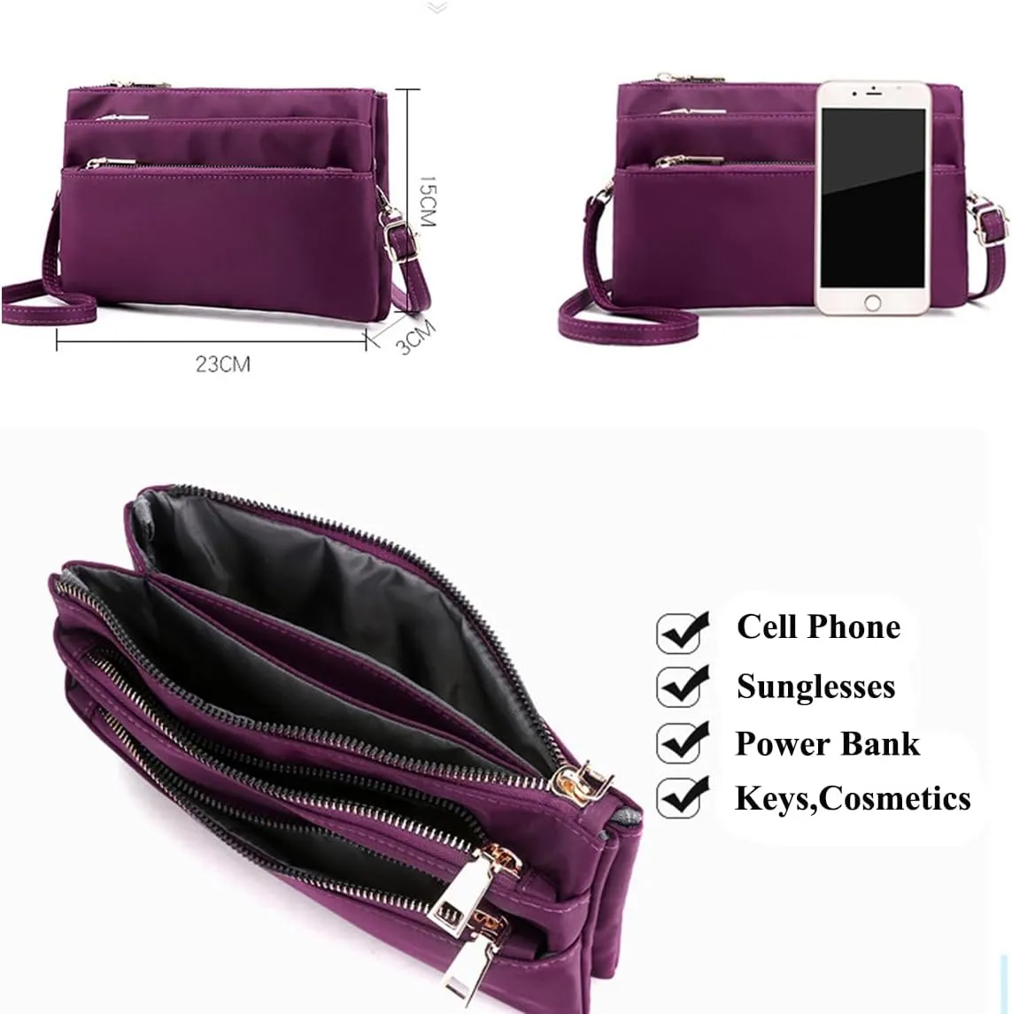 Nylon Small Cross Body Bags for Women Multi Pockets Phone Shoulder Bag Travel Mini Handbag Ladies Cross Body Bag (Black)