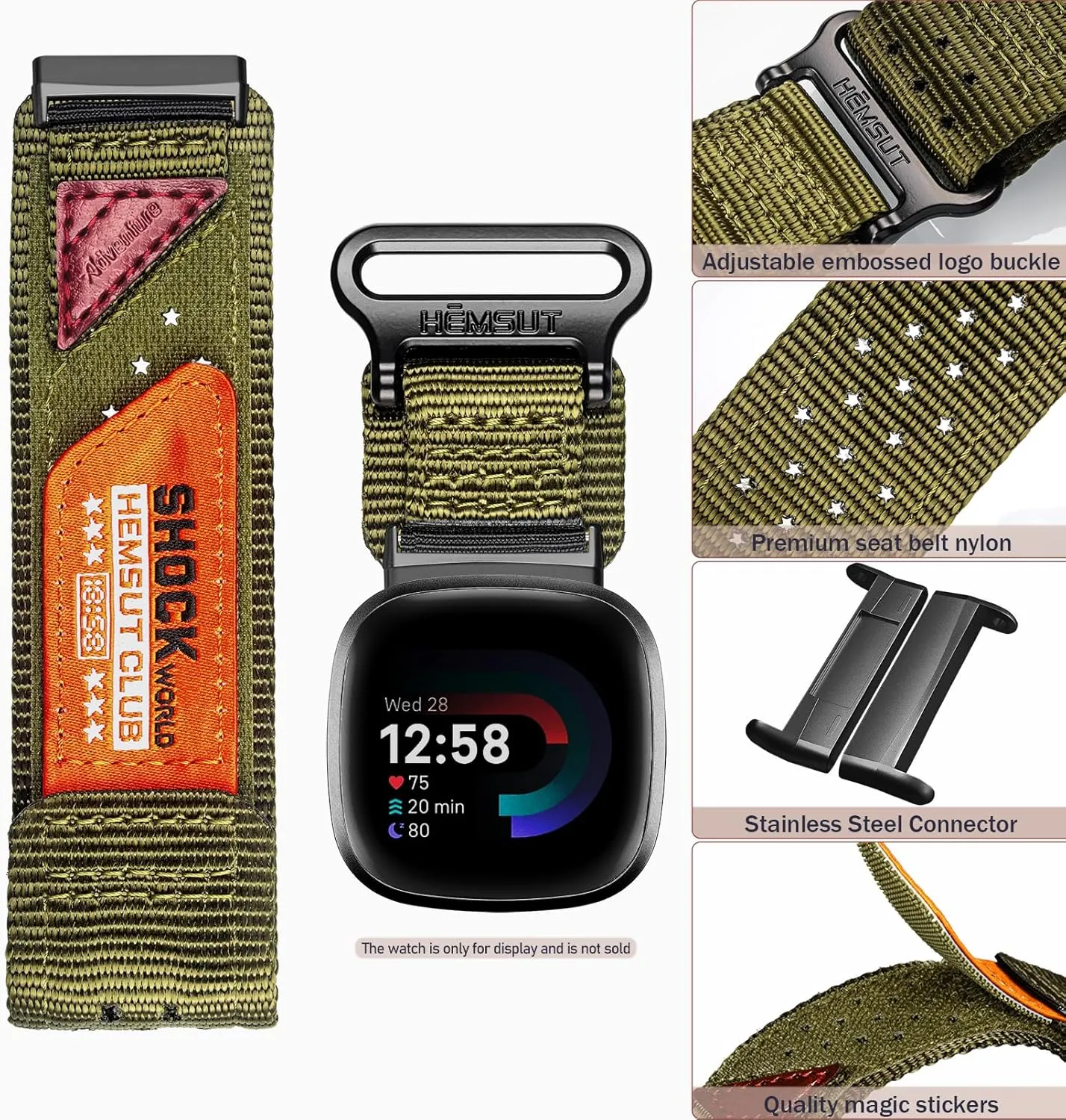 Nylon Watch Band Compatible with Fitbit Versa 3 / Versa 4 / Fitbit Sense/Sense 2 for Men, Rugged Nylon Sports Adjustable Strap Military Tactical Style Replacement Wristband