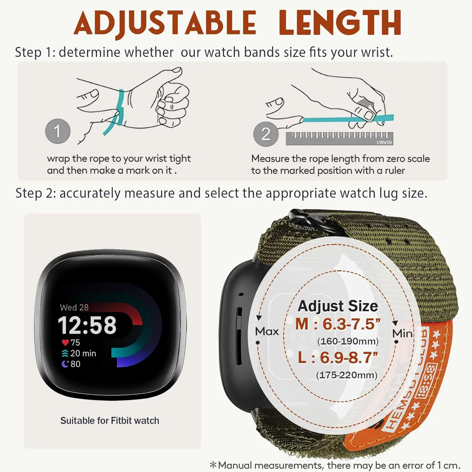 Nylon Watch Band Compatible with Fitbit Versa 3 / Versa 4 / Fitbit Sense/Sense 2 for Men, Rugged Nylon Sports Adjustable Strap Military Tactical Style Replacement Wristband