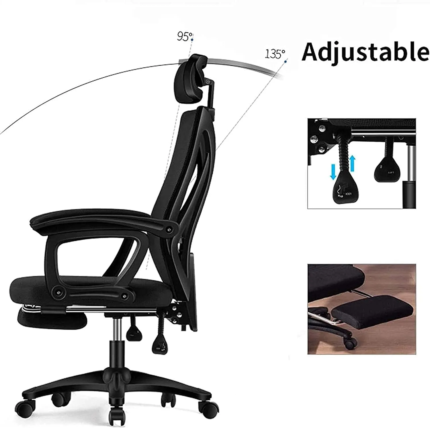Office Chairs, Office Chair Ergonomic Desk Chair Mesh High Back Swivel Computer Chair Headrest Tilt Recline Backrest Retractable Footrest-Blue B 64x32x60cm(White B)
