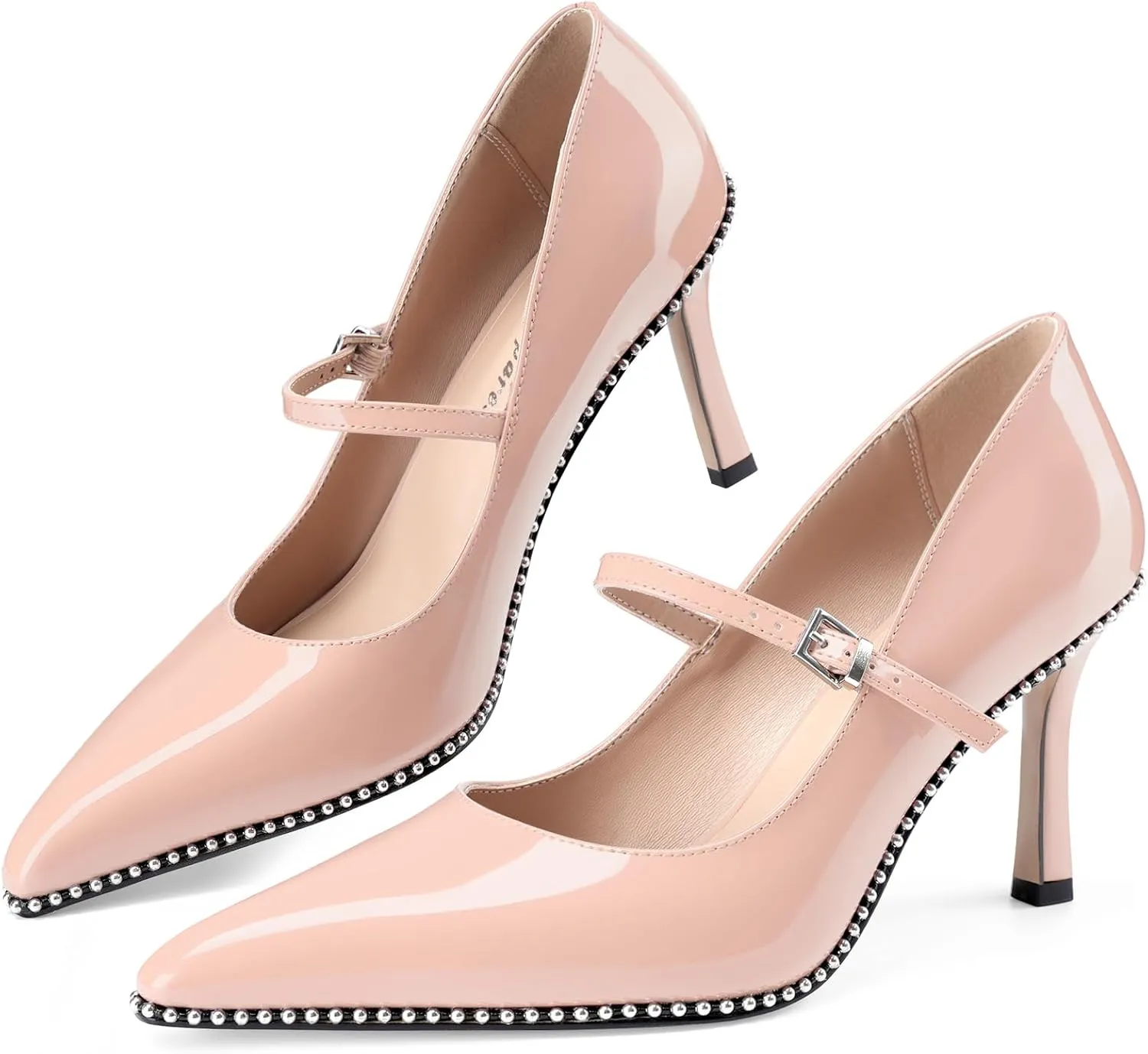 Oh Mispares Women's High Heel Beaded Pumps Stiletto High Heels Pointed Toe Mary Jane Pumps Slip On Sexy Heeled Dress Shoes with Buckle Strap Patent Leather 3.5 Inch