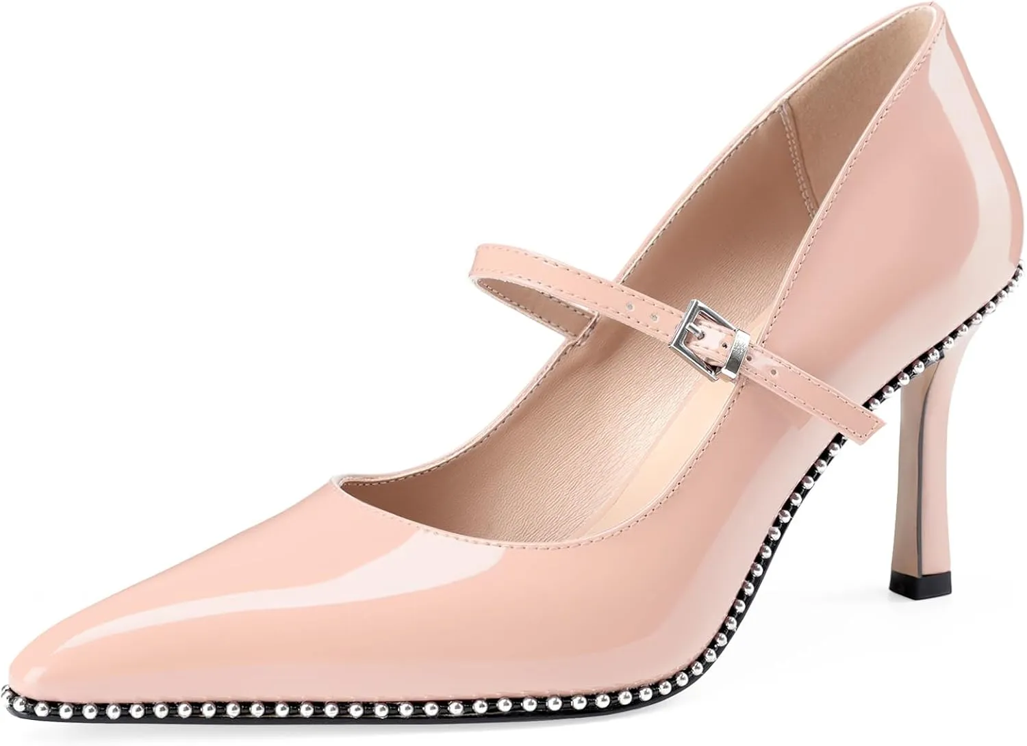 Oh Mispares Women's High Heel Beaded Pumps Stiletto High Heels Pointed Toe Mary Jane Pumps Slip On Sexy Heeled Dress Shoes with Buckle Strap Patent Leather 3.5 Inch