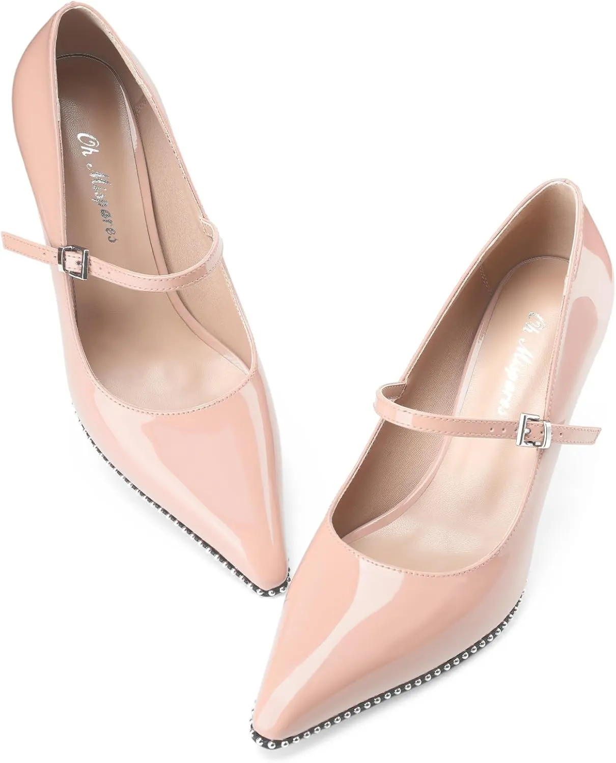 Oh Mispares Women's High Heel Beaded Pumps Stiletto High Heels Pointed Toe Mary Jane Pumps Slip On Sexy Heeled Dress Shoes with Buckle Strap Patent Leather 3.5 Inch