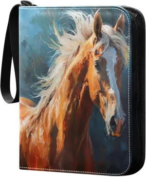 Oil Painting Horse Card Binder 4-Pocket, 400 Pockets Trading Cards Holder Games Card Albums Storage Organizer Case for Football, Baseball Cards