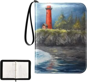 Oil Painting Lighthouse Card Binder 4-Pocket, 400 Pockets Trading Cards Holder Games Card Albums Storage Organizer Case for Football, Baseball Cards