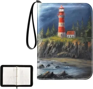 Oil Painting Lighthouse Card Binder 4-Pocket, 400 Pockets Trading Cards Holder Games Card Albums Storage Organizer Case for Football, Baseball Cards