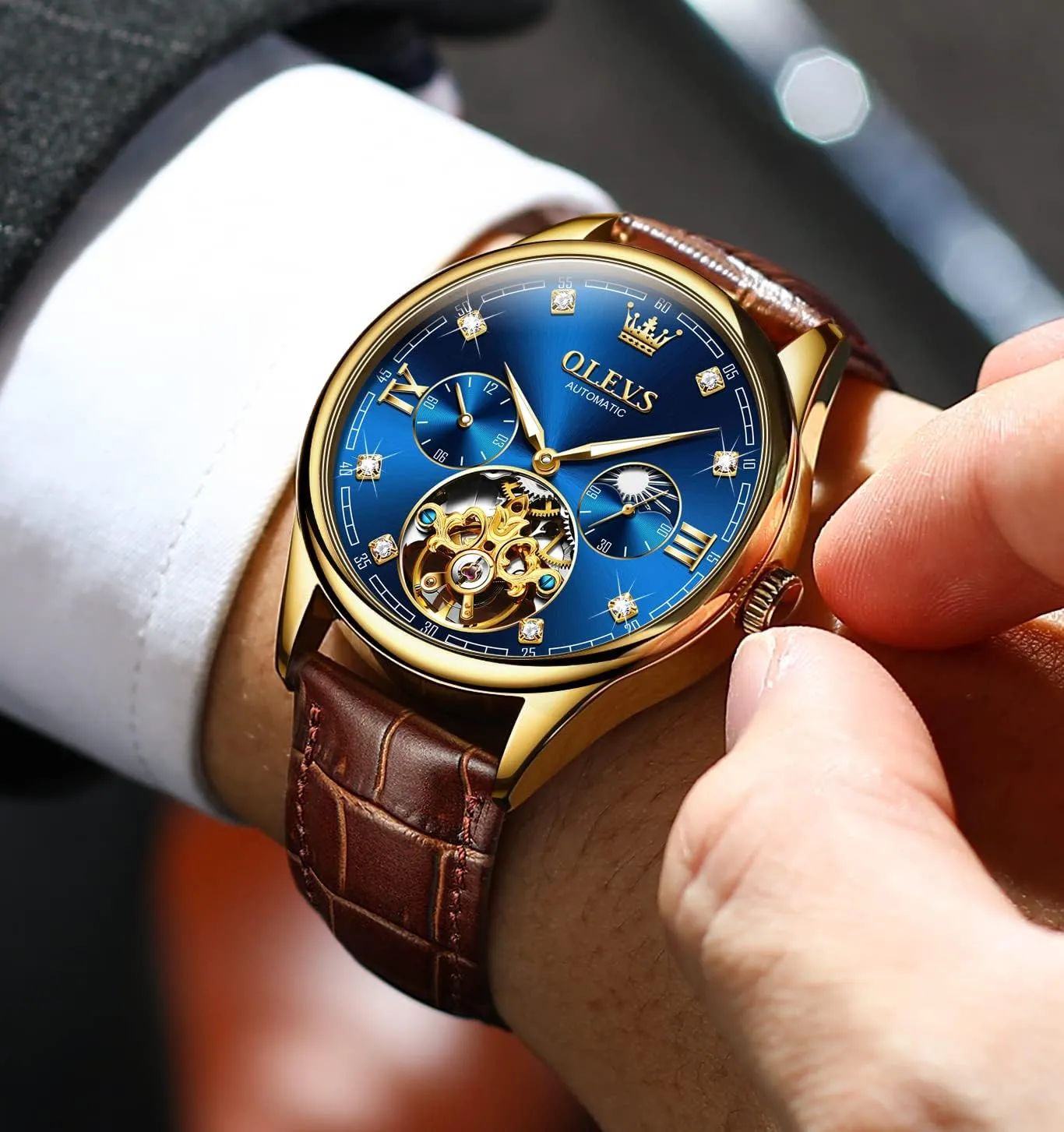 OLEVS Mens Leather Watches Automatic Mechanical Skeleton Tourbillon Diamond Luxury Self Winding Dress Wrist Watches Moon Phase Waterproof Luminous