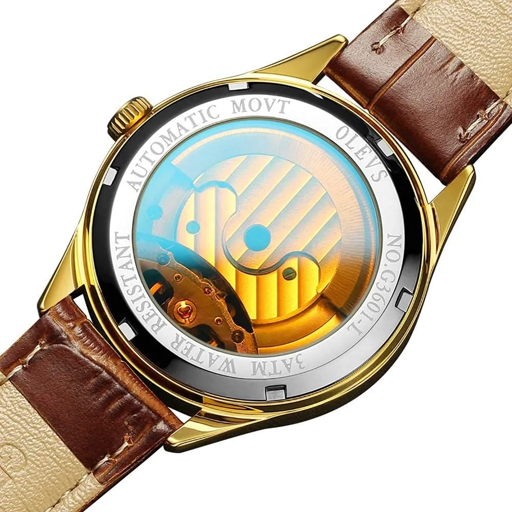 OLEVS Mens Leather Watches Automatic Mechanical Skeleton Tourbillon Diamond Luxury Self Winding Dress Wrist Watches Moon Phase Waterproof Luminous