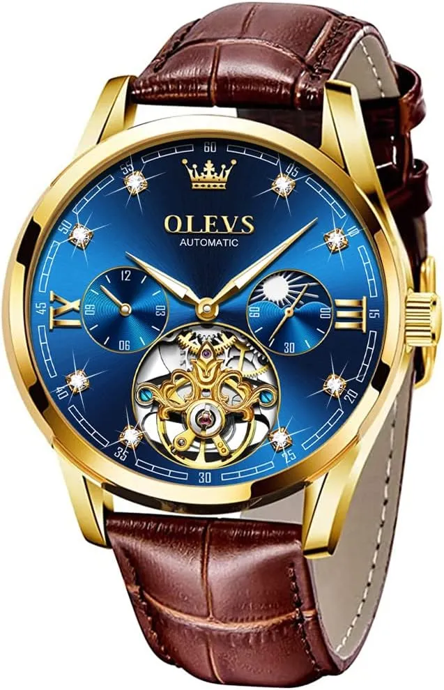 OLEVS Mens Leather Watches Automatic Mechanical Skeleton Tourbillon Diamond Luxury Self Winding Dress Wrist Watches Moon Phase Waterproof Luminous
