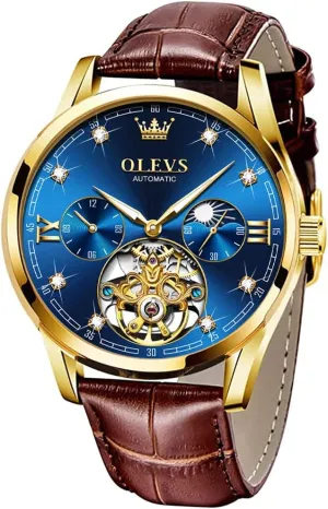 OLEVS Mens Leather Watches Automatic Mechanical Skeleton Tourbillon Diamond Luxury Self Winding Dress Wrist Watches Moon Phase Waterproof Luminous