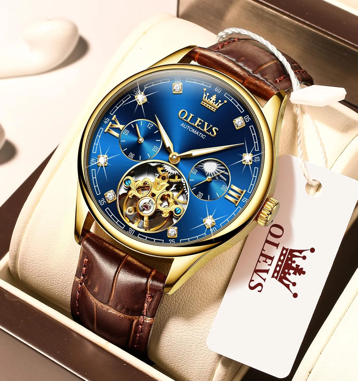 OLEVS Mens Leather Watches Automatic Mechanical Skeleton Tourbillon Diamond Luxury Self Winding Dress Wrist Watches Moon Phase Waterproof Luminous
