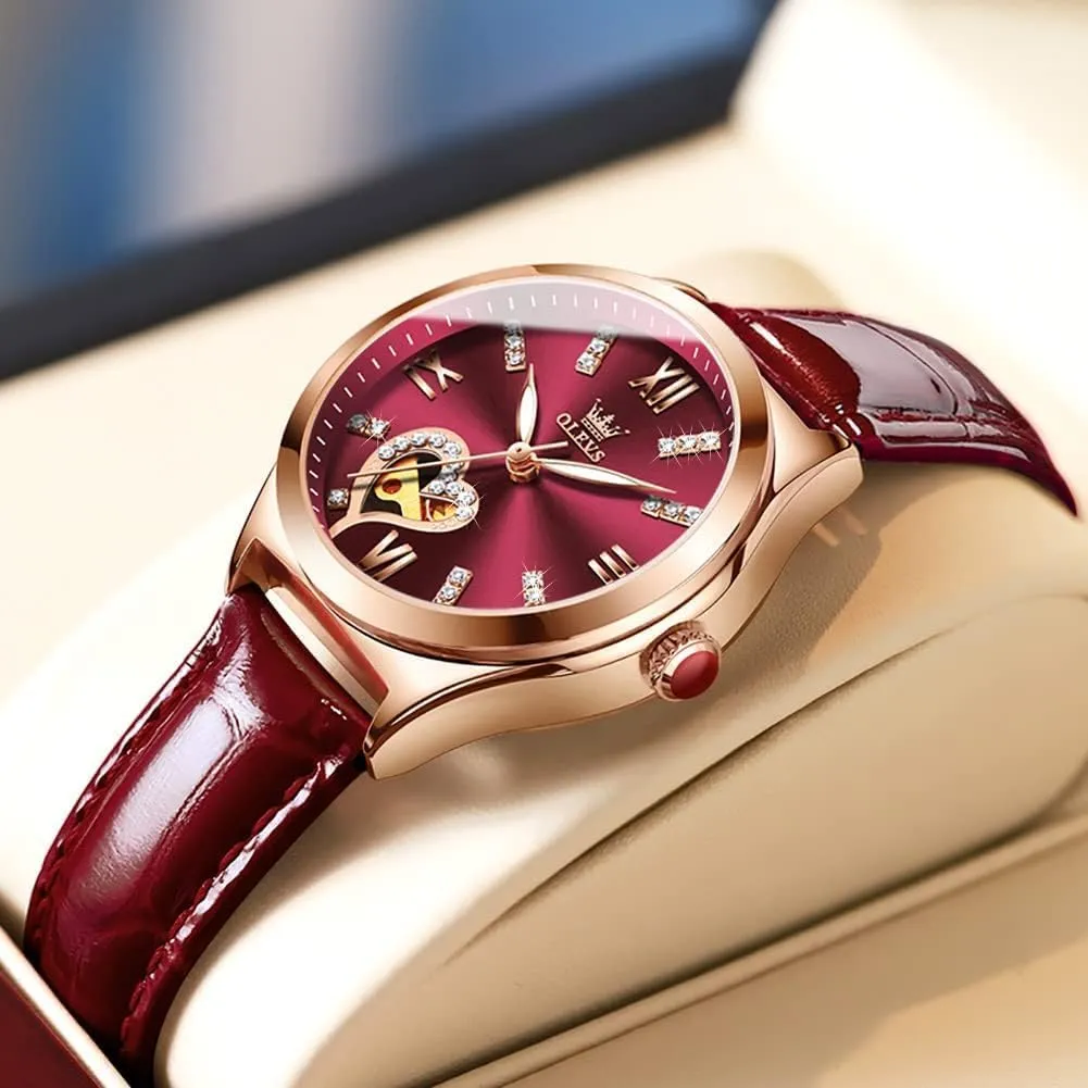OLEVS Watches for Women Automatic Ladies Watch Mechanical Leather Strap Self-Winding Diamond dial Waterproof