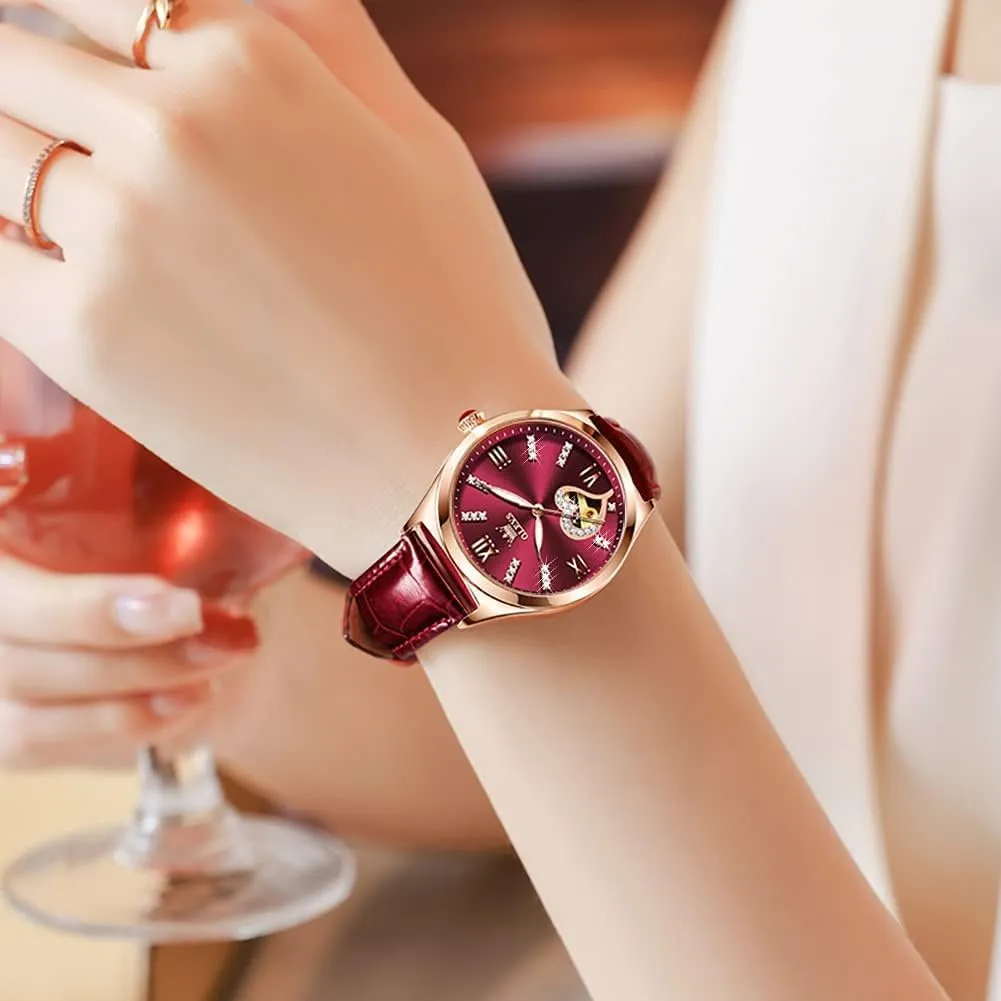 OLEVS Watches for Women Automatic Ladies Watch Mechanical Leather Strap Self-Winding Diamond dial Waterproof
