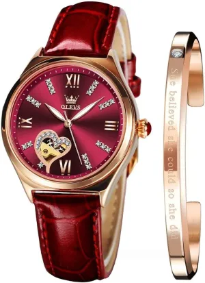 OLEVS Watches for Women Automatic Ladies Watch Mechanical Leather Strap Self-Winding Diamond dial Waterproof