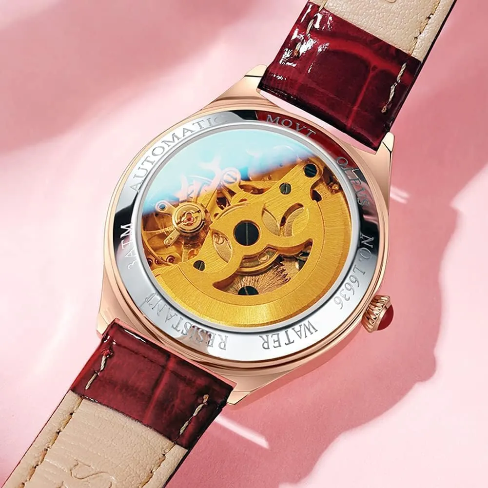 OLEVS Watches for Women Automatic Ladies Watch Mechanical Leather Strap Self-Winding Diamond dial Waterproof