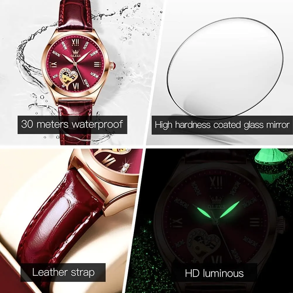 OLEVS Watches for Women Automatic Ladies Watch Mechanical Leather Strap Self-Winding Diamond dial Waterproof