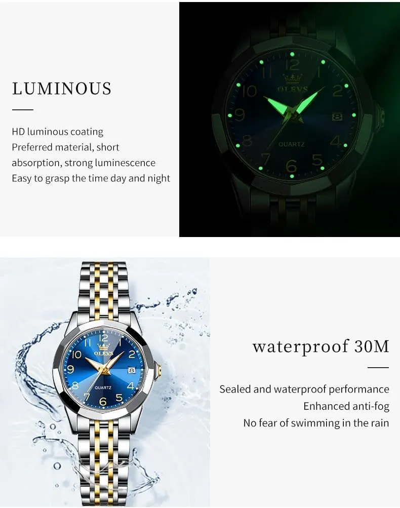 OLEVS Watches for Women Diamond with Date Luxury Leather Female Waterproof Women Wrist Watch Analog Dress Stainless Steel Ladies Watch Luminous Calendar Women Watch Green/Silver/Red Dial