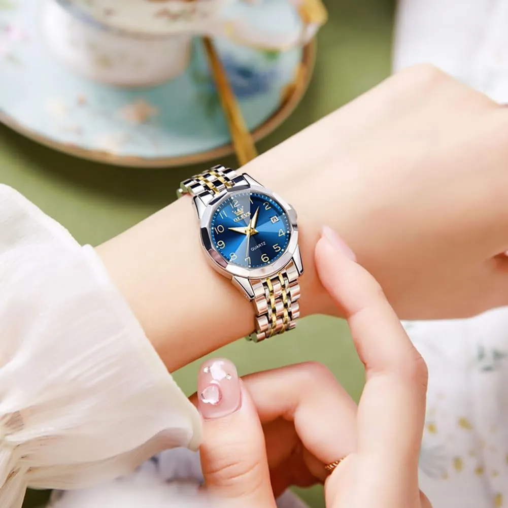 OLEVS Watches for Women Diamond with Date Luxury Leather Female Waterproof Women Wrist Watch Analog Dress Stainless Steel Ladies Watch Luminous Calendar Women Watch Green/Silver/Red Dial