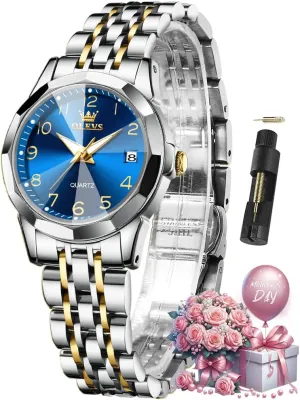 OLEVS Watches for Women Diamond with Date Luxury Leather Female Waterproof Women Wrist Watch Analog Dress Stainless Steel Ladies Watch Luminous Calendar Women Watch Green/Silver/Red Dial