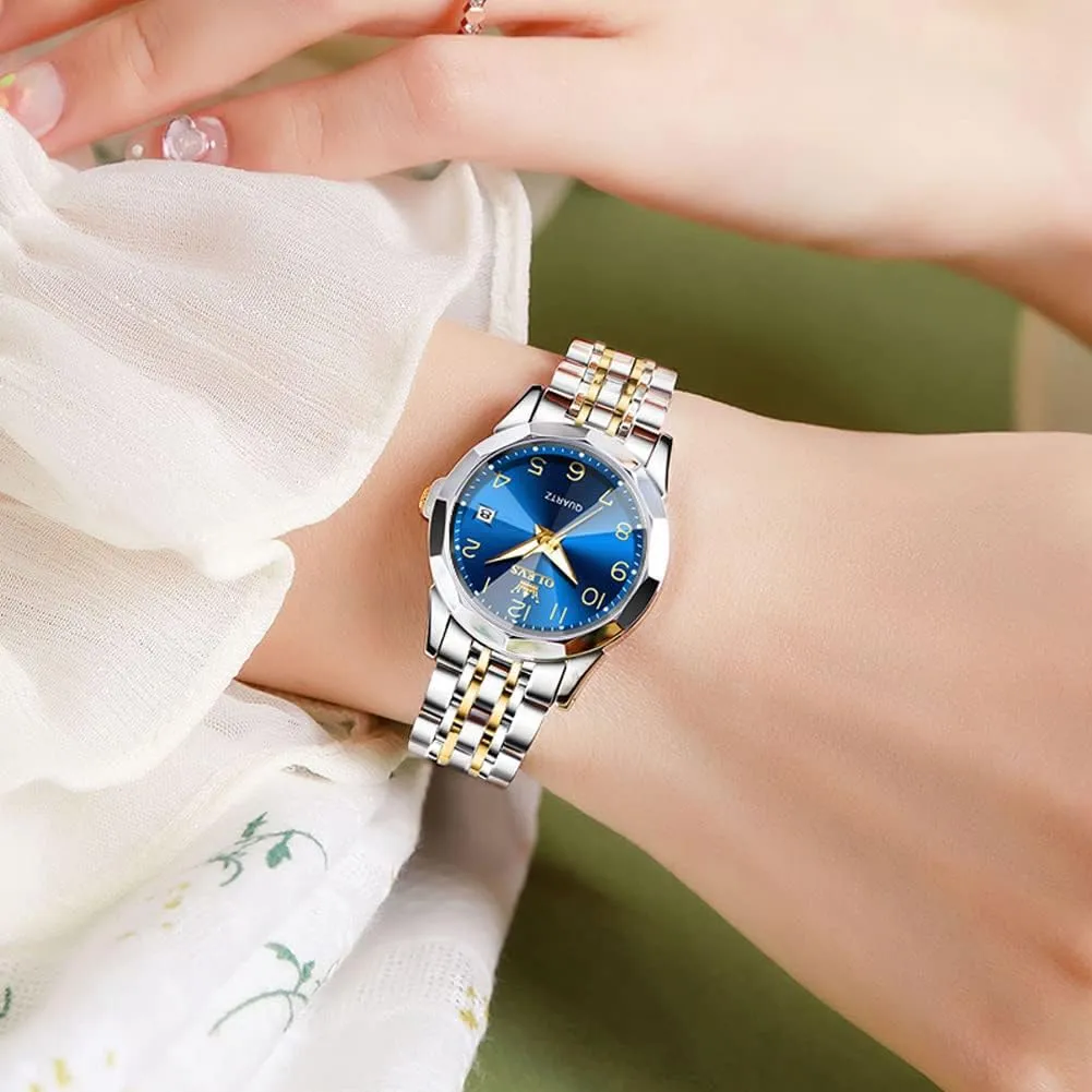 OLEVS Watches for Women Diamond with Date Luxury Leather Female Waterproof Women Wrist Watch Analog Dress Stainless Steel Ladies Watch Luminous Calendar Women Watch Green/Silver/Red Dial