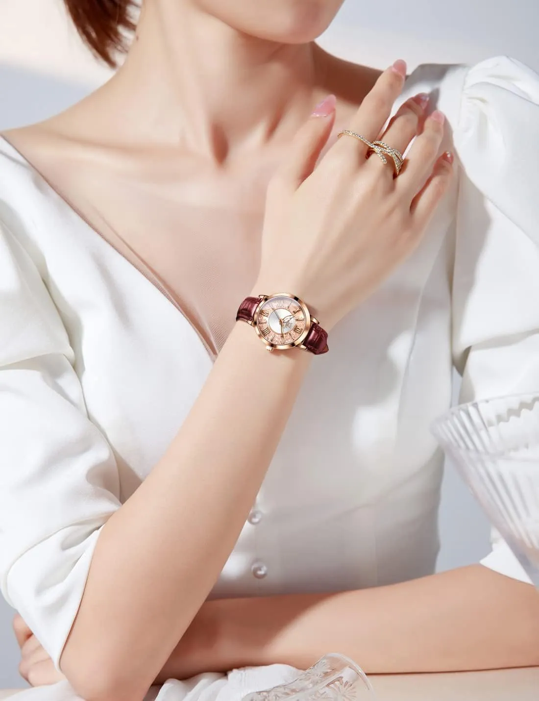 OLEVS Womens Watch Elegant Dress Diamond Female Watches for Ladies Analog Quartz Leather Waterproof Quicksand Large Face Wristwatch