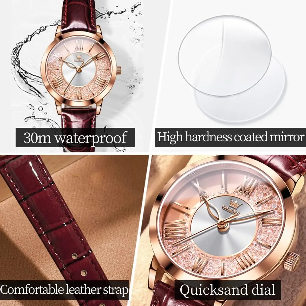 OLEVS Womens Watch Elegant Dress Diamond Female Watches for Ladies Analog Quartz Leather Waterproof Quicksand Large Face Wristwatch