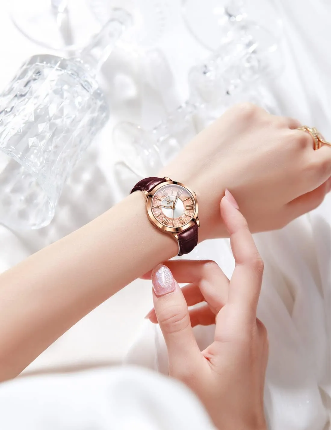 OLEVS Womens Watch Elegant Dress Diamond Female Watches for Ladies Analog Quartz Leather Waterproof Quicksand Large Face Wristwatch