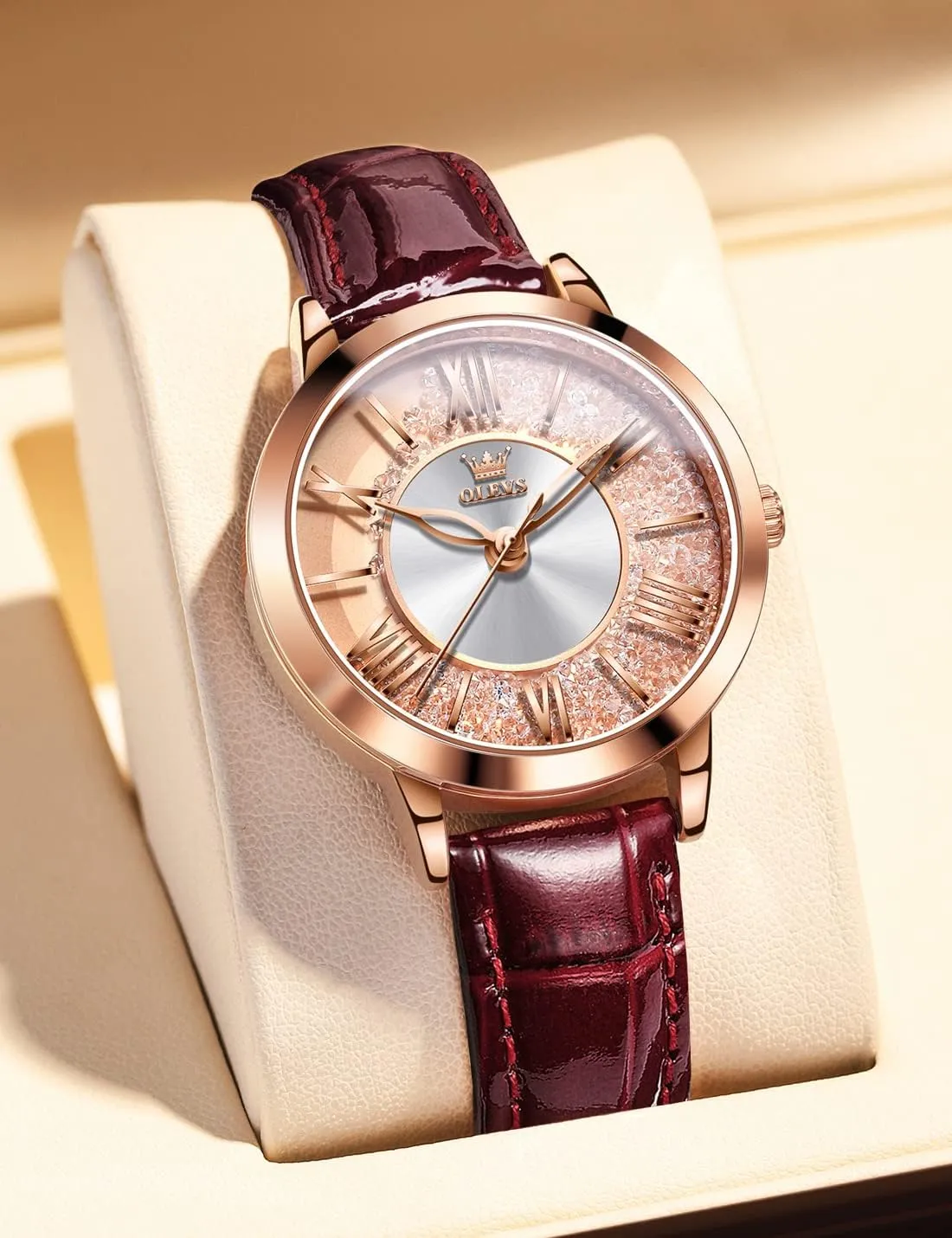 OLEVS Womens Watch Elegant Dress Diamond Female Watches for Ladies Analog Quartz Leather Waterproof Quicksand Large Face Wristwatch