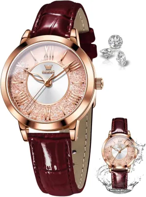 OLEVS Womens Watch Elegant Dress Diamond Female Watches for Ladies Analog Quartz Leather Waterproof Quicksand Large Face Wristwatch