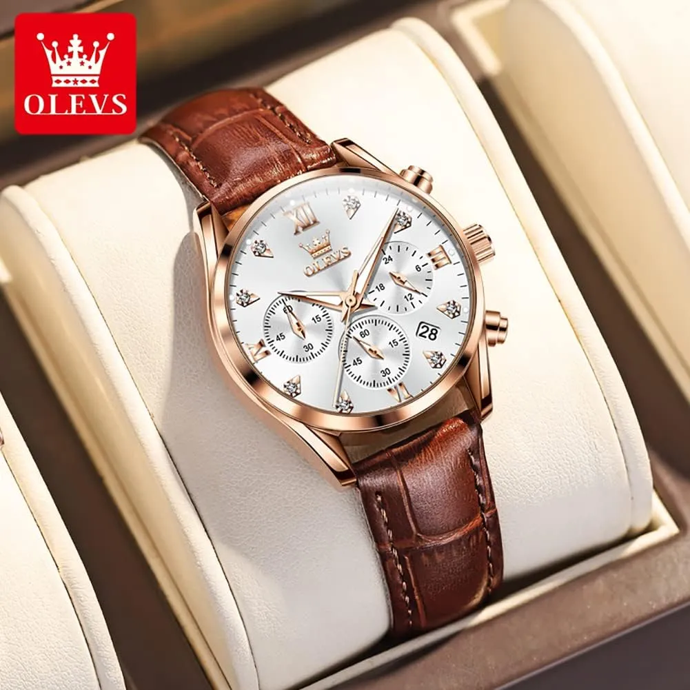 OLEVS Women's Watches Brown Leather Strap Analog Quartz Rose Gold Female Watches Multifunction Chronograph Diamond Waterproof Luminous Ladies