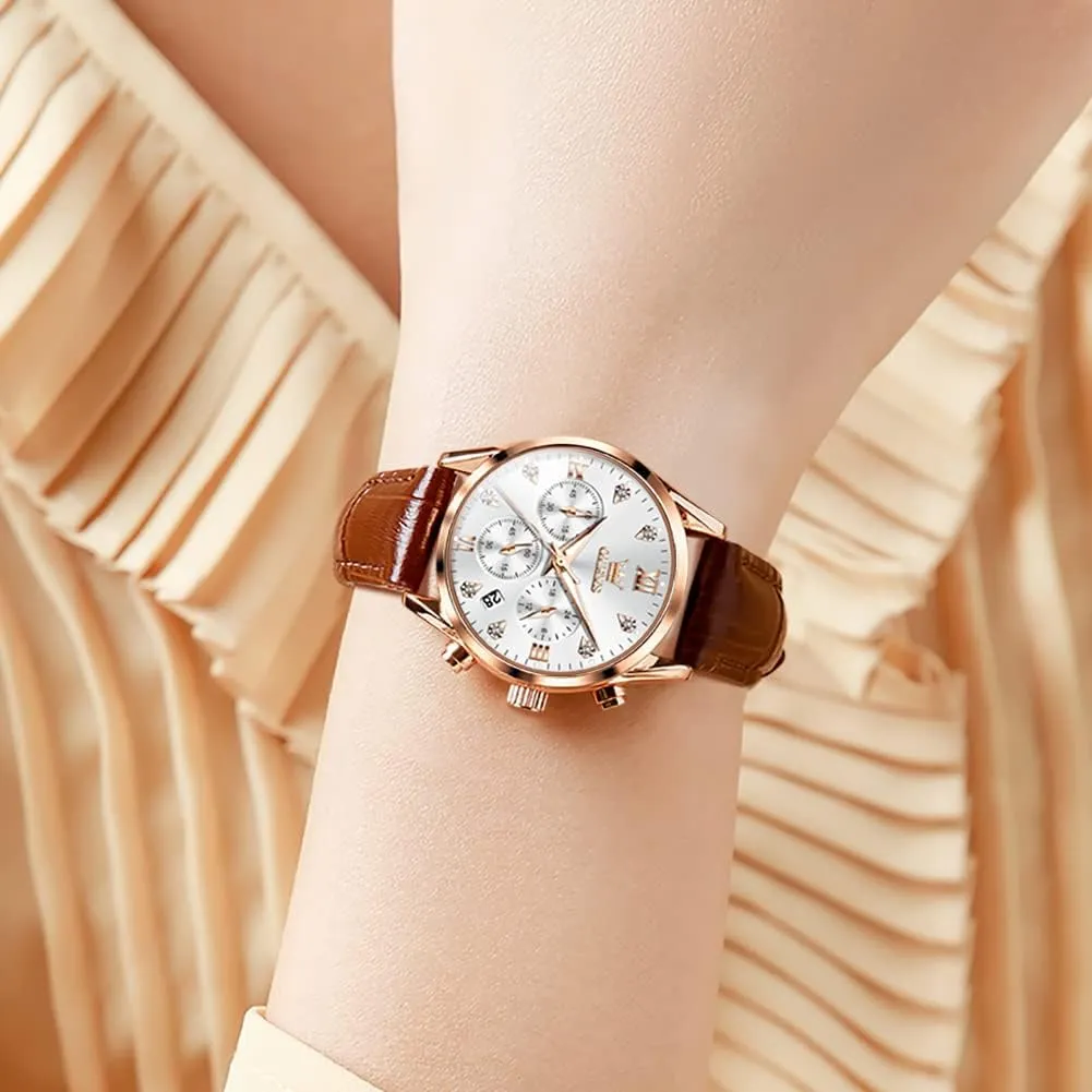OLEVS Women's Watches Brown Leather Strap Analog Quartz Rose Gold Female Watches Multifunction Chronograph Diamond Waterproof Luminous Ladies