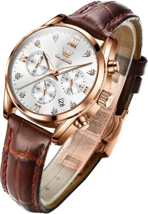 OLEVS Women's Watches Brown Leather Strap Analog Quartz Rose Gold Female Watches Multifunction Chronograph Diamond Waterproof Luminous Ladies